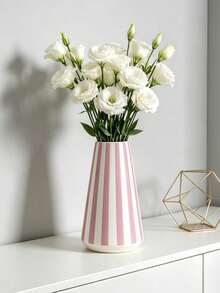 1 Stück gestreifte Vase mit weißen Rosen, minimalistische Wohnzimmer Tischdekoration, moderne ästhetische Blumen-Mittelstück, geometrische Muster Vase, Einweihungsgeschenk, Bohemian Stil Innendekoration - A - Übersicht 2