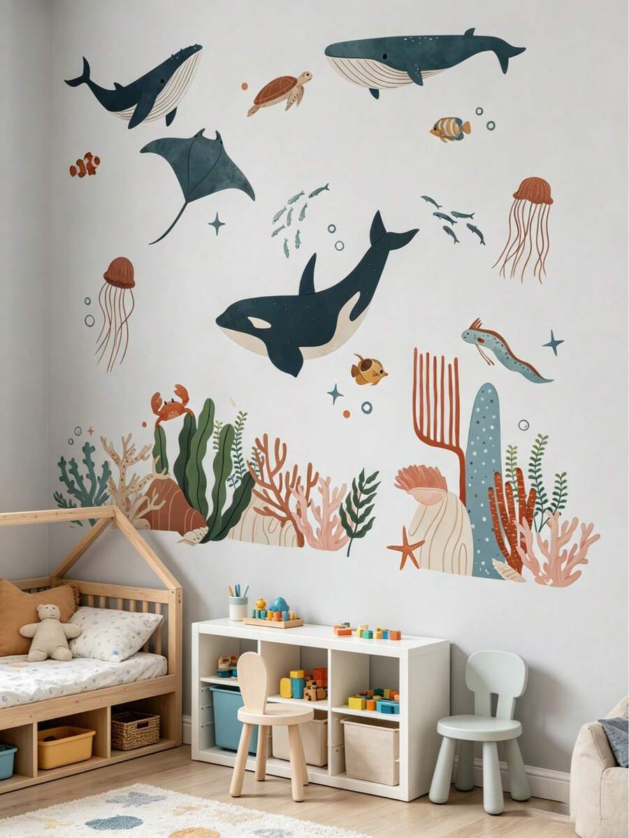 Dreamy Whale Reading Boy Wall Stickers, Book Planet Star Cloud Removable Wall Art, Wall Decor For Nursery, Infant Room & Home Wall Decoration - Multicolor - View 1