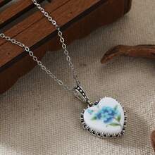 Collar con colgante de corazón con estampado floral azul, estilo de lujo ligero hecho a mano, regalo romántico para uso diario - Plateado - Ver 7