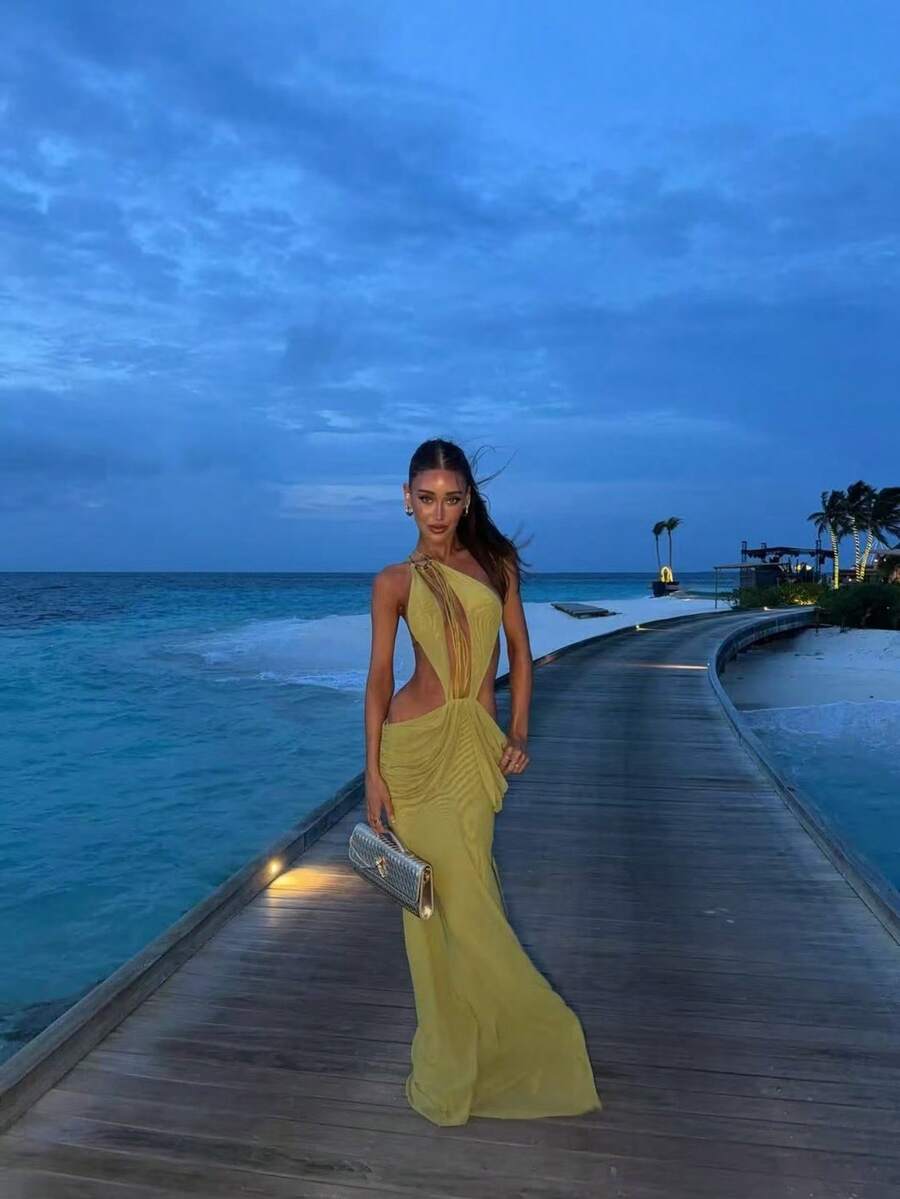 Vestido Halter Abalorios Vacacional Nuevo - amarillo ganso - Ver 1