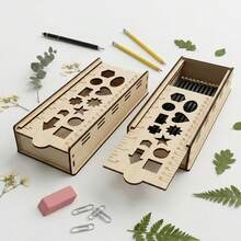 Wooden Style Stationery Storage Pen Holder - Multifunctional Pen Holder Set Includes Wooden Drawing Ruler Set - Geometric Pattern Hollow Template - Creative Ruler Pen Holder - Back To School Handmade Drawing Tools - Multicolor - View 1