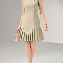 ghadjgyjad  Vestido corto elegante de unicolor con dobladillo plisado y sin mangas - Rosa - Ver 6