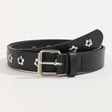 1pc Women's PU Leather Belt With Simple Square Buckle And Plum Blossom Shaped Eyelets, Fashion Decorative Black Belt For Daily Wear - Black - View 12