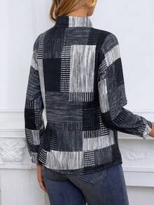 Plus Size Colorblock Button Print Long Sleeve Casual Retro Shirt, Patterned Plaid Front Button Vacation - Black and White - View 5
