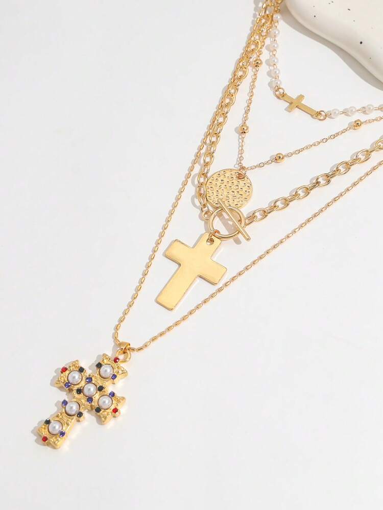 4PCS Fashion Multi-Layered Stacked Cross Faux Pearl Rhinestone Pendant Necklace, Vintage Multi- Gold Coin Pendant Multi-Layered Necklace Set For Women - Gold - View 4