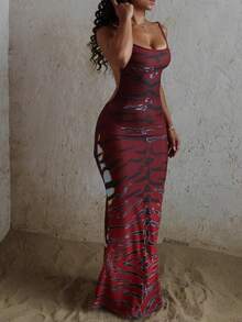 Vestido largo con espalda descubierta de gato extraño para mujer, sin mangas, estampado de leopardo, ropa Sexy ajustada para discoteca, Vestidos ajustados elásticos para vacaciones en la playa - Rojo - Ver 1