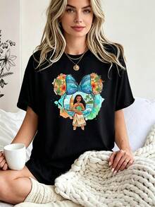 Breathable Cotton Disney Fan Tee | "Moana" With Te Fiti & Floral Print | Vibrant Polynesian Short-Sleeve Shirt - 黑色 - 查看 1