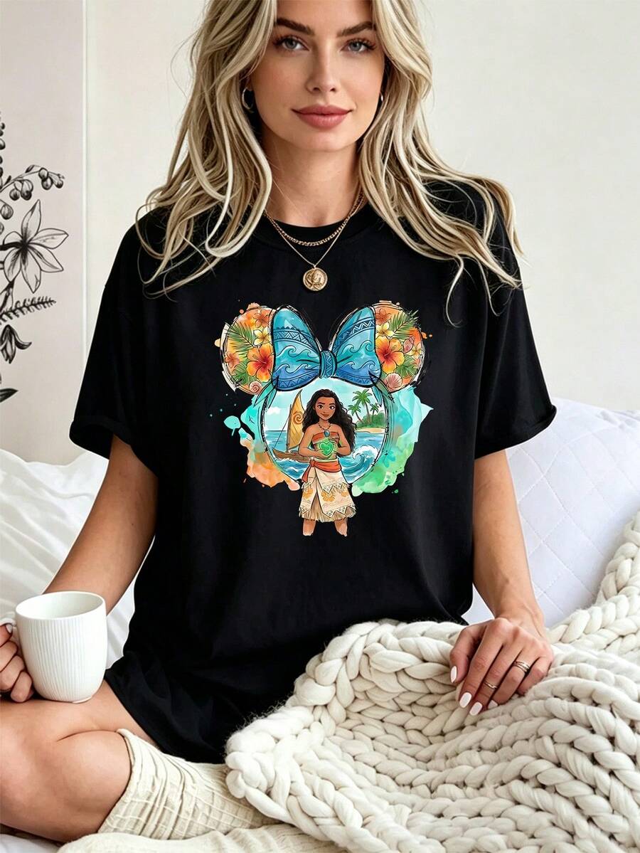 Breathable Cotton Disney Fan Tee | "Moana" With Te Fiti & Floral Print | Vibrant Polynesian Short-Sleeve Shirt - 黑色 - 查看 1