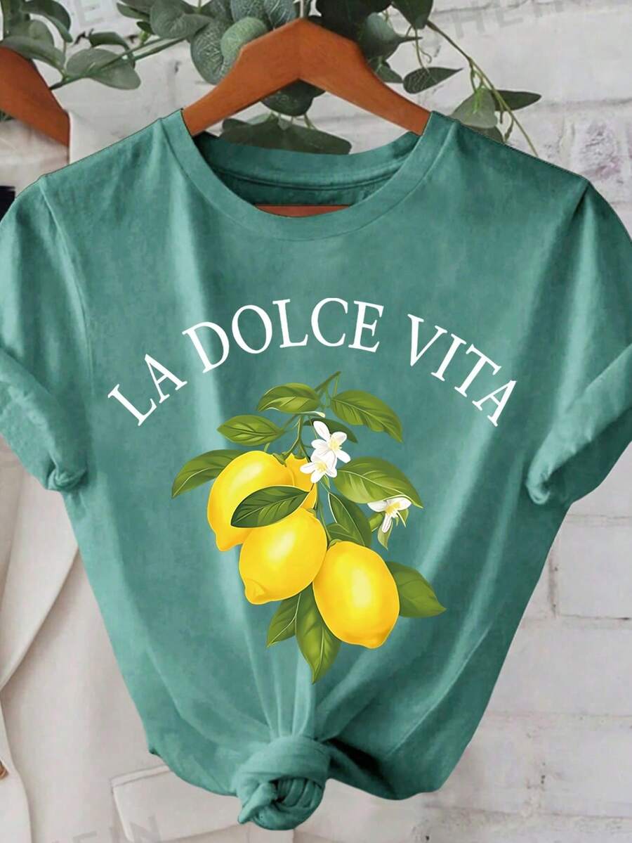 Camiseta de manga corta cuello redondo estampado de letras y frutas, estilo casual para mujer, verano - Agua verde azul - Ver 1