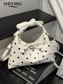 Fashion Polka Dot Handbag, Women's Multifunctional Shoulder Crossbody Bag, Vintage Bowknot Decor Drawstring Crescent Bag - White - View 4