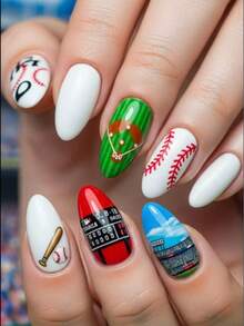 Sports Style Baseball Theme Glossy Oval Hand-Painted Design Versatile Wearable Nails - Multicolor - View 1