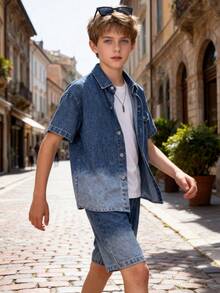 2pcs Summer Boys Teen Casual Denim Gradient Color Shirt And Shorts Set - Light Wash - View 3