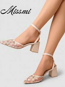 Zapatos de tacón alto de punta fina con bordado floral elegante y de moda, zapatos de verano - Rosa - Ver 7