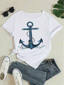 Women's Pure Cotton Short-Sleeve T-Shirt With Nautical Anchor Graphic Print - White - View 4