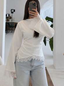 Blusa elegante da donna per autunno/inverno con patchwork in pizzo, laccio incrociato frontale in vita, top a maniche lunghe con base in pizzo per uso quotidiano e pendolarismo, bianco - Bianco - Visualizzare 1