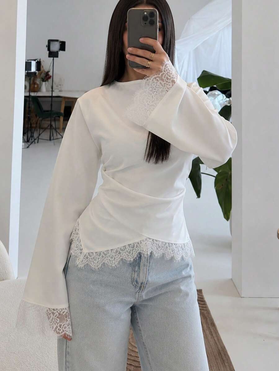 Blusa elegante da donna per autunno/inverno con patchwork in pizzo, laccio incrociato frontale in vita, top a maniche lunghe con base in pizzo per uso quotidiano e pendolarismo, bianco - Bianco - Visualizzare 1