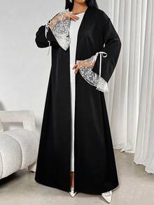 Plus Size Women's Lace Patchwork Abaya Black - Black - View 6