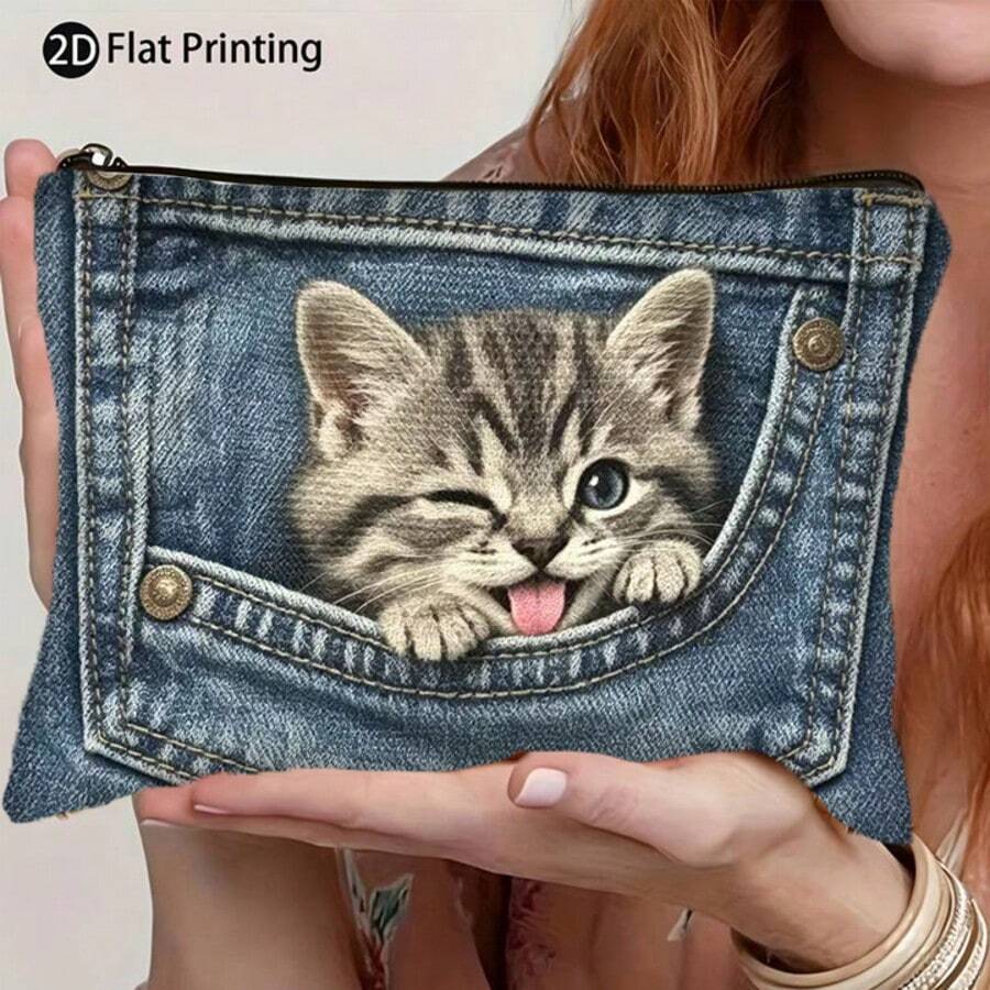 Cute Cat Denim-Print Makeup Bag, Creative 2D Pocket Cat Design Zippered Storage Pouch – Portable Makeup Bag/Coin Pouch, Multi-Functional Portable Storage Bag - Multicolor - View 1