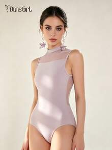 DonsGirl 1 bộ áo liền quần ba lê nữ - Cổ đứng, thiết kế phối lưới, lưng hở gợi cảm, phù hợp cho biểu diễn múa cổ điển/đương đại, trang phục mùa xuân. - Bụi tím - Xem 10