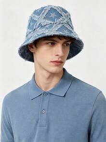 1pc Outdoor Sports Bucket Hat, Korean Denim Style Washed Vintage Star Cap, Suitable For Daily Street Wear, Summer Sun Protection - Light Blue - View 1