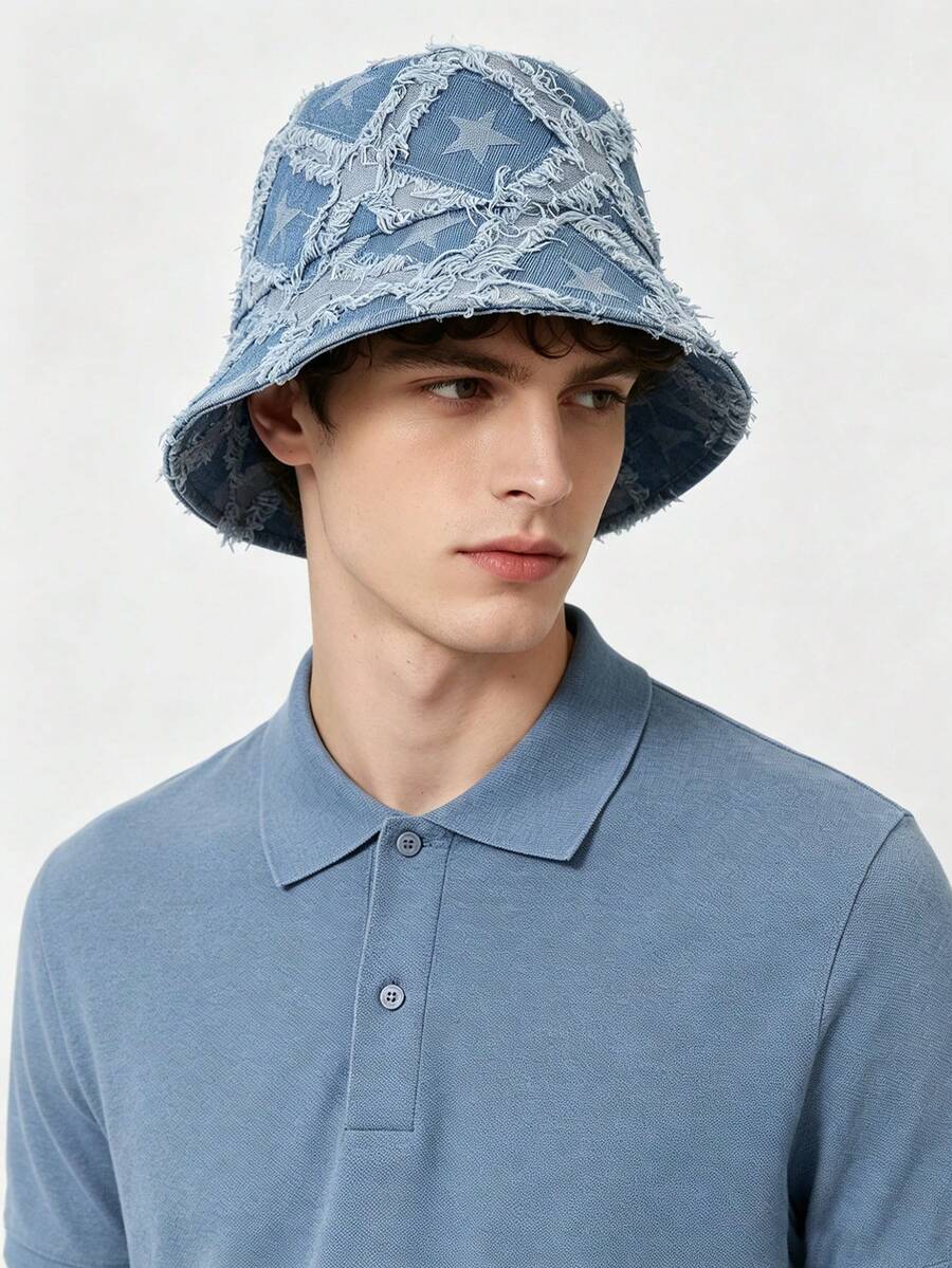 1pc Outdoor Sports Bucket Hat, Korean Denim Style Washed Vintage Star Cap, Suitable For Daily Street Wear, Summer Sun Protection - Light Blue - View 1