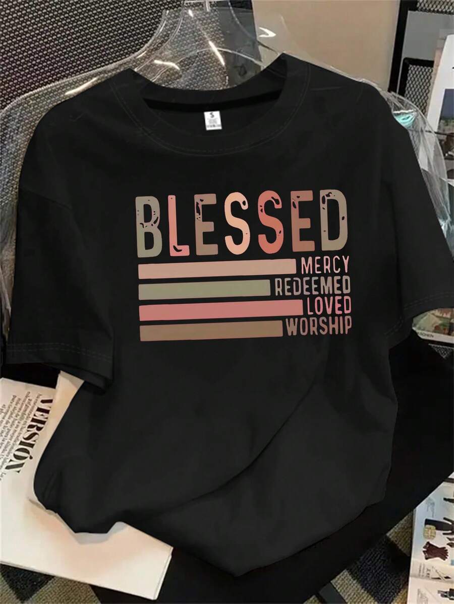 Top de mujer de manga corta y cuello redondo con estampado de logotipo en rojo y verde, apto para todas las estaciones. - Negro - Ver 1