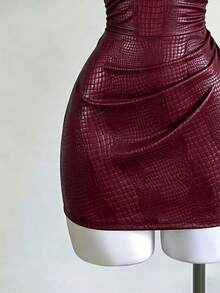 Women's Elegant Red Snake Print Spaghetti Strap Dress, Sleeveless Spaghetti Strap Ruched Bust Fitted Party Mini Dress - Dark Red - View 7
