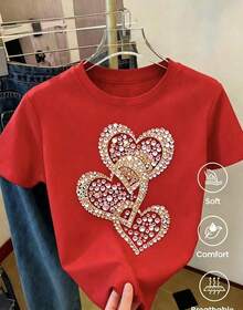 Short-Sleeved T-Shirt For Spring And Summer 2026, Made In Mexico. Cartoon Print, Couple Design, Suitable For Indoor Or Outdoor Wear. Crew Neck, Unisex, Ideal For Office And Leisure. One-Piece Pack. Unisex Cotton Loose-Fitting Short-Sleeved Crew Neck T-Shirt In An Urban Vintage Style. - 紅色 - 查看 7