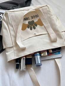 "Doggie Things" Cute Print Canvas Tote Bag & Pouch Set,With Paw Print Design,Funny Pet Owner Travel Organizer,Foldable And Lightweight,Multi-Pocket Shoulder Backpack,Women'S Tote Bag,Canvas Shoulder Bag With Small Cosmetic Pouch, Lightweight Dog Walking Bag For Pet Supplies, Perfect For Dog Lovers, Daily Outings, Work, School,Travel & Shopping,Perfect For Dog-Loving Ladies. - Multicolor - View 9