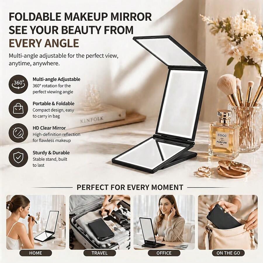 1pc 3-Fold Multi-Angle 4-Layer Handheld Beauty Mirror - Portable Styling Mirror With Glass Surface, Durable Plastic Frame And Cartoon Design, Suitable For Bathroom, Vanity, Travel - No Power Required, Makeup Mirror - Multicolor - View 1