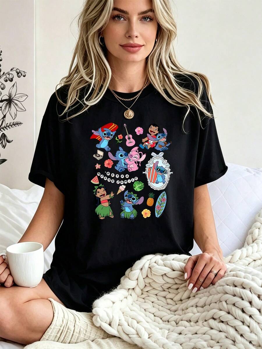 Breathable Cotton Disney Fan Tee | "Lilo & Stitch" With Surfboard, Flowers & Ukulele Print | Vibrant Hawaiian Short-Sleeve Shirt - 黑色 - 查看 1