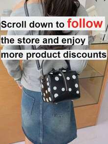 1 pieza Bolso de mano de PU para mujer, bolso cuadrado de moda con estampado de lunares, uso dual como bolso de hombro y bandolera, adecuado para ir al trabajo, compras y regalos - Negro - Ver 2