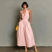 2026 Summer Solid Color Casual  Sexy Sleeveless Shirt Collar Dress For Women Loose Fit Mini Length Elegant Office Party Streetwear - 粉紅色 - 查看 1
