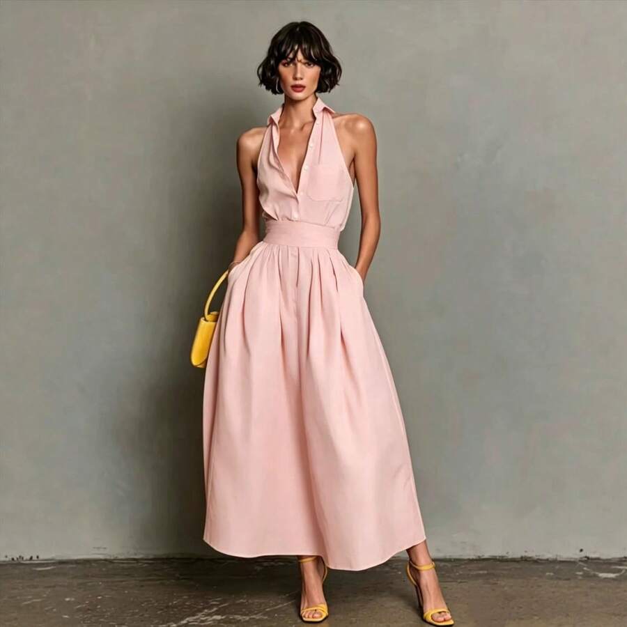 2026 Summer Solid Color Casual  Sexy Sleeveless Shirt Collar Dress For Women Loose Fit Mini Length Elegant Office Party Streetwear - 粉紅色 - 查看 1