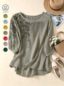 Women's Embroidered Loose Bohemian Vintage Shirt, Spring/Summer Vacation Casual Blouse - Grey - View 3