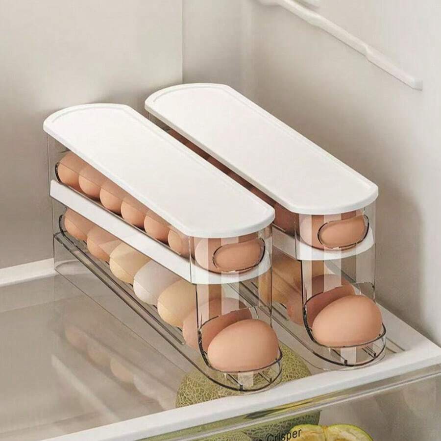 1pc Automatic Double-Layer Egg Rack, Hinge Sliding Design Holds 12-14 Eggs, Fresh Storage Organizer, Plastic, Refrigerator And Kitchen Storage Accessories, Egg Rack, Double-Layer Egg Storage, Refrigerator Egg Organizer, Sliding Egg Rack - Multicolor - View 1
