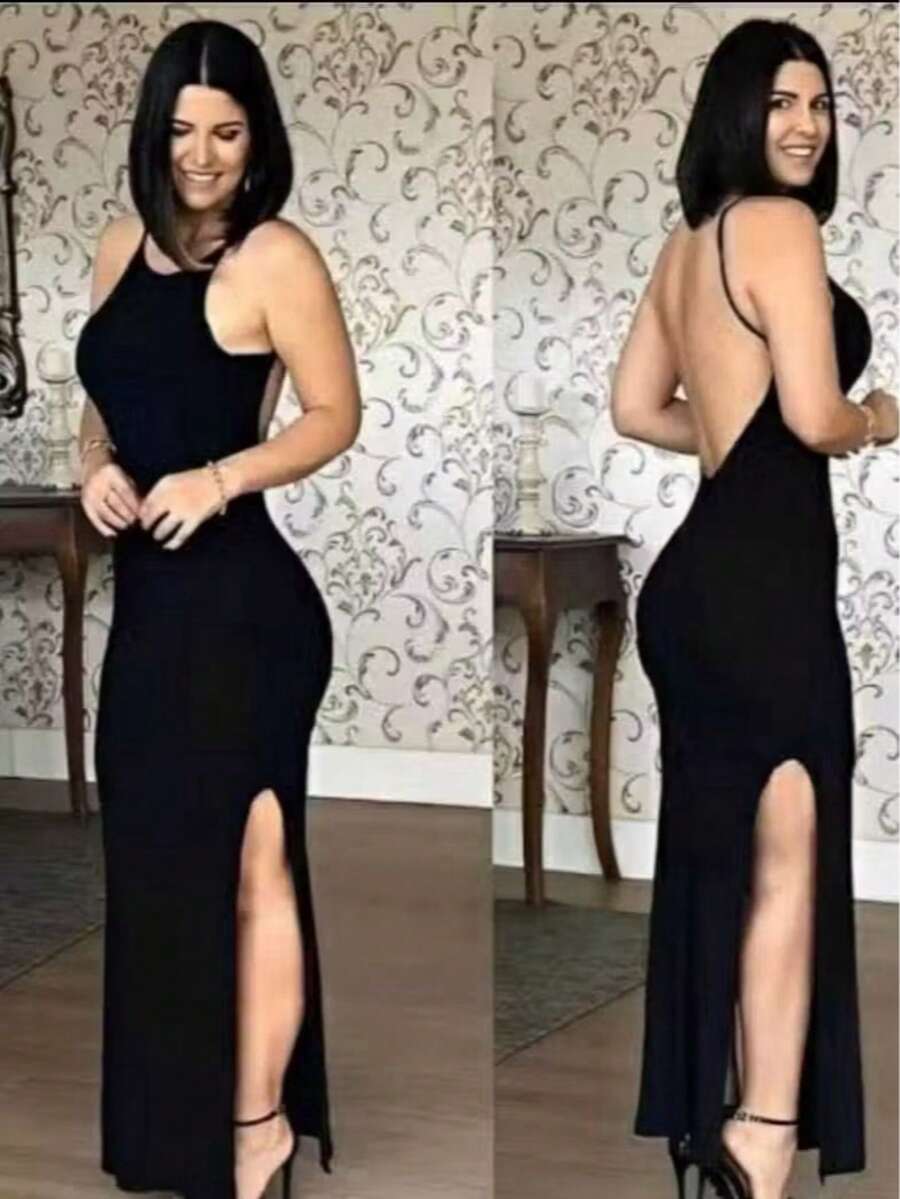 Long Ribbed Women's Dress With Built-In Bra, Spaghetti Straps, Open Back, Side Slit, Various Colors And Sizes, Casual. - Black - View 1