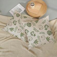 2入綠白南瓜葉方型枕套，中性秋季植物圖案靠墊套，適合感恩節農舍風沙發與臥室家居裝飾，單面無枕芯 - 綠色和米色 - 查看 1
