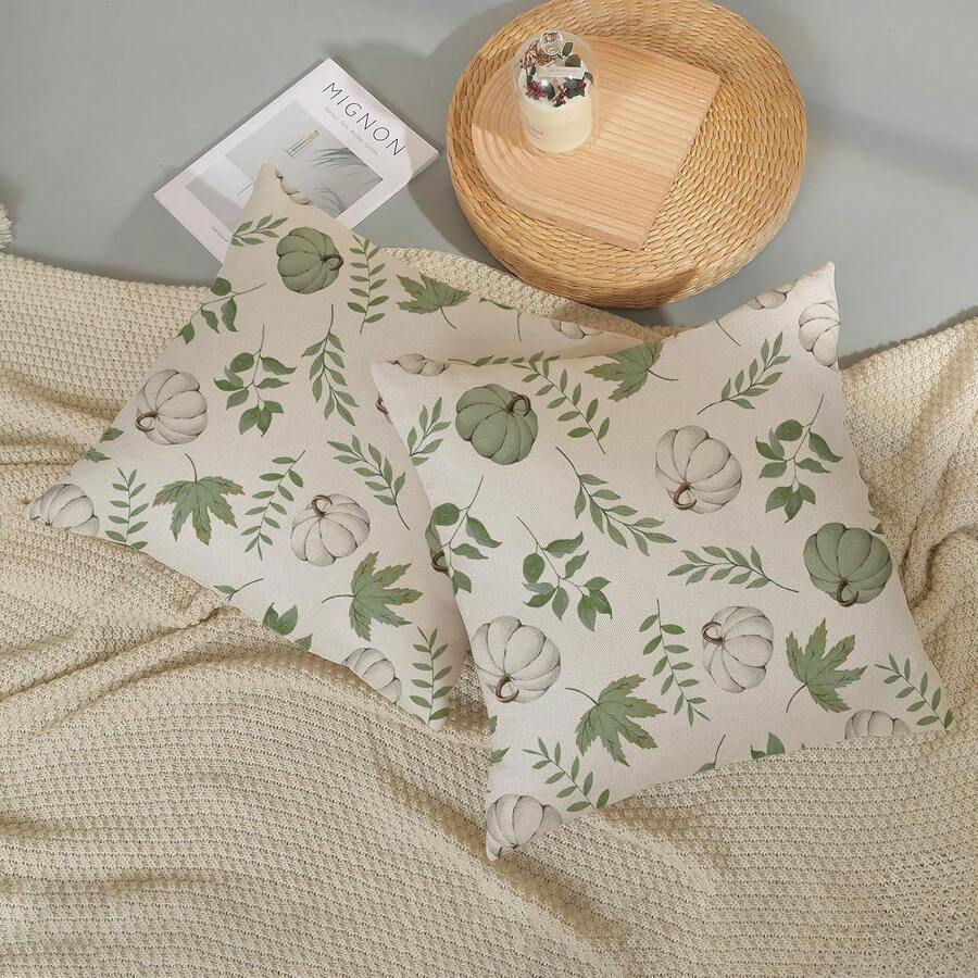 2入綠白南瓜葉方型枕套,中性秋季植物圖案靠墊套,適合感恩節農舍風沙發與臥室家居裝飾,單面無枕芯 - 綠色和米色 - 查看 1