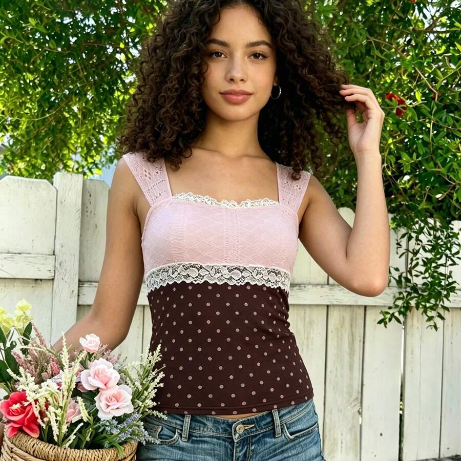 2026 Summer New Pink Brown Color Blocked Square Collar Lace Splicing Polka Dot Slimming And Slimming, Sweet And Spicy Pure Desire Wind Sleeveless Tank Top Versatile For Daily Commuting, Campus Dating, Street Going Top - 棕色 - 查看 1