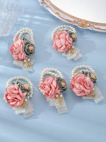 1件/5件波希米亞優雅婚禮配件，柔粉色與灰色布料花朵手腕飾品 - 彩色 - 查看 5