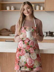 1pc, Pink Rose And Yellow Daisy Pattern Polyester Apron, Suitable For Cooking, Baking, And Gardening - Can Be Used As Attire For The Kitchen And Dining. - Multicolor - View 10