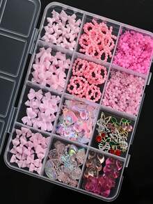1 Caja con 12 Compartimentos Juego de Encantos 3D para Arte de Uñas Rosa, Lindo Lazo de Resina, Corazón, Flor, Oso & Mariposa Decoraciones de Uñas con Pinzas y Herramienta de Lápiz - Multicolor - Ver 2