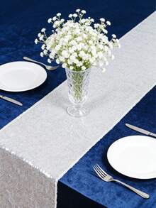 1 pieza Camino de mesa con lentejuelas plateadas brillantes, camino de mesa de tela brillante, adecuado para boda, fiesta, mesa de comedor, decoración del hogar - Plateado - Ver 8