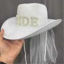 1pc Bride White Veil Denim Hat & Groom Faux Pearl Letter Top Hat, Pre-Wedding Bachelorette Party Photo Props, Wedding Decor Western Cowboy Country Wedding Decoration, Creative Wedding Gift For Bride And Groom - View 5