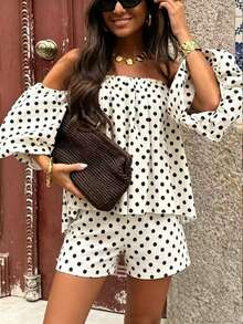 Women's Black & White Polka Dot Off-Shoulder Lantern Sleeve Loose Top And Elastic Waist Shorts 2-Piece Set, Suitable For Beach, Vacation, Summer, Valentine's Day, Beach Party, Travel, Daily Wear, Hangout With Friends - Black and White - View 2