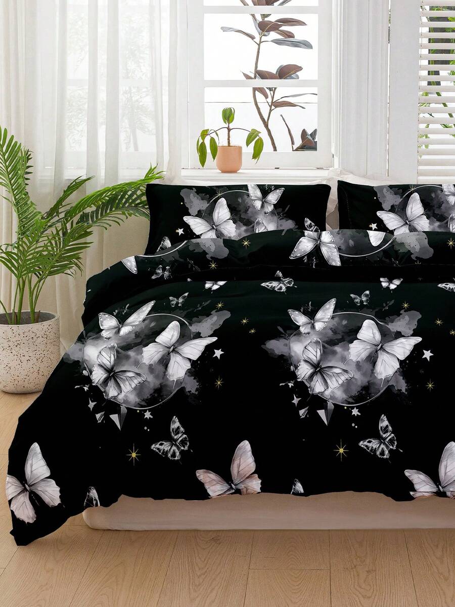 3 pièces Ensemble de literie, respirant, tissu super doux anti-boulochage et agréable à la peau, anti-boulochage doux, textile d'ameublement, décoration de chambre, comprend 1 housse de couette et 2 taies d'oreiller (sans couette), décoration de chambre à coucher à la mode, convient pour lit twin/full/queen/king, lavable en machine, plusieurs couleurs disponibles, cadeau romantique pour la Saint-Valentin, housse de couette imprimée papillon noir et blanc
