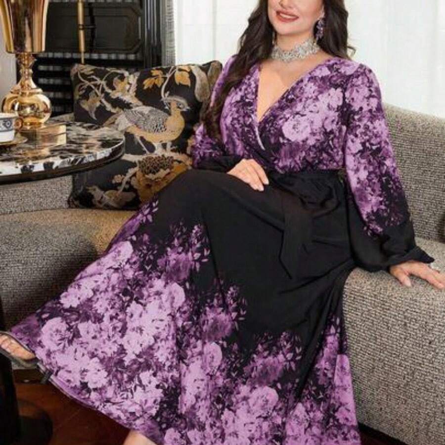 YijiaNvz  Vestido elegante negro de talla grande con estampado floral elegante y romántico para vacaciones - Morado - Ver 1
