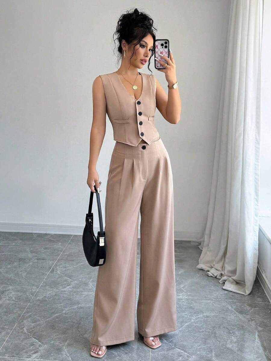Conjunto de chaleco sin mangas y pantalones - Caqui - Ver 1
