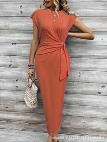 Women's Elegant Dress With Waist Tie, Striped Round Neck, Short Sleeves, Long Style, Summer High-End Women's Dressvestidos Elegantes De Mujer Summer Dresses For Women Birthday Outfits For Women - 桔紅色 - 查看 1